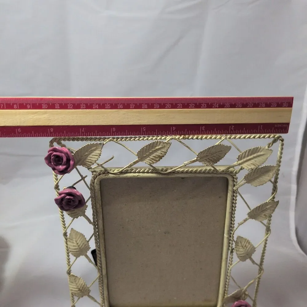 Vintage Shabby Chic Cream Metal Wire Picture Frame Pink Roses Leaf Lattice 5x7